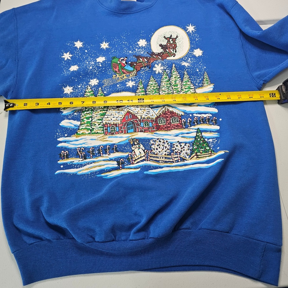 Vintage 90s Hanes Christmas Sweatshirt L Santa Reindeer Sleigh Cottage Kitsch - Picture 10 of 13